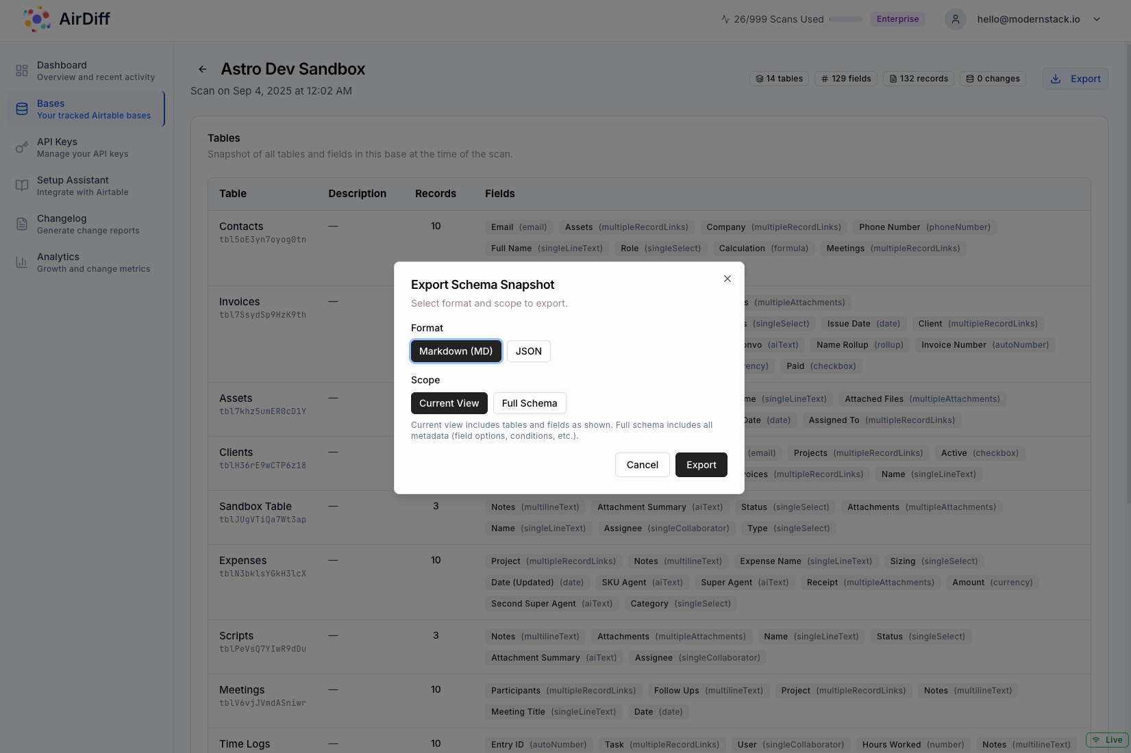 AirDiff export modal showing multiple format options for schema documentation